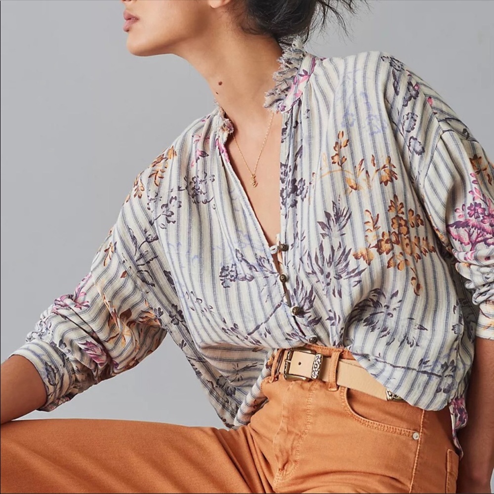 Anthropologie Pilcro The Tavi Ruffled Buttondown Floral Peasant Top